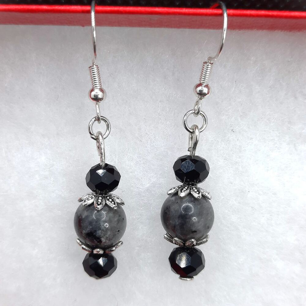 Black Labradorite Beaded Earrings Artisan Made Dangle Silver Tone Accents NEW